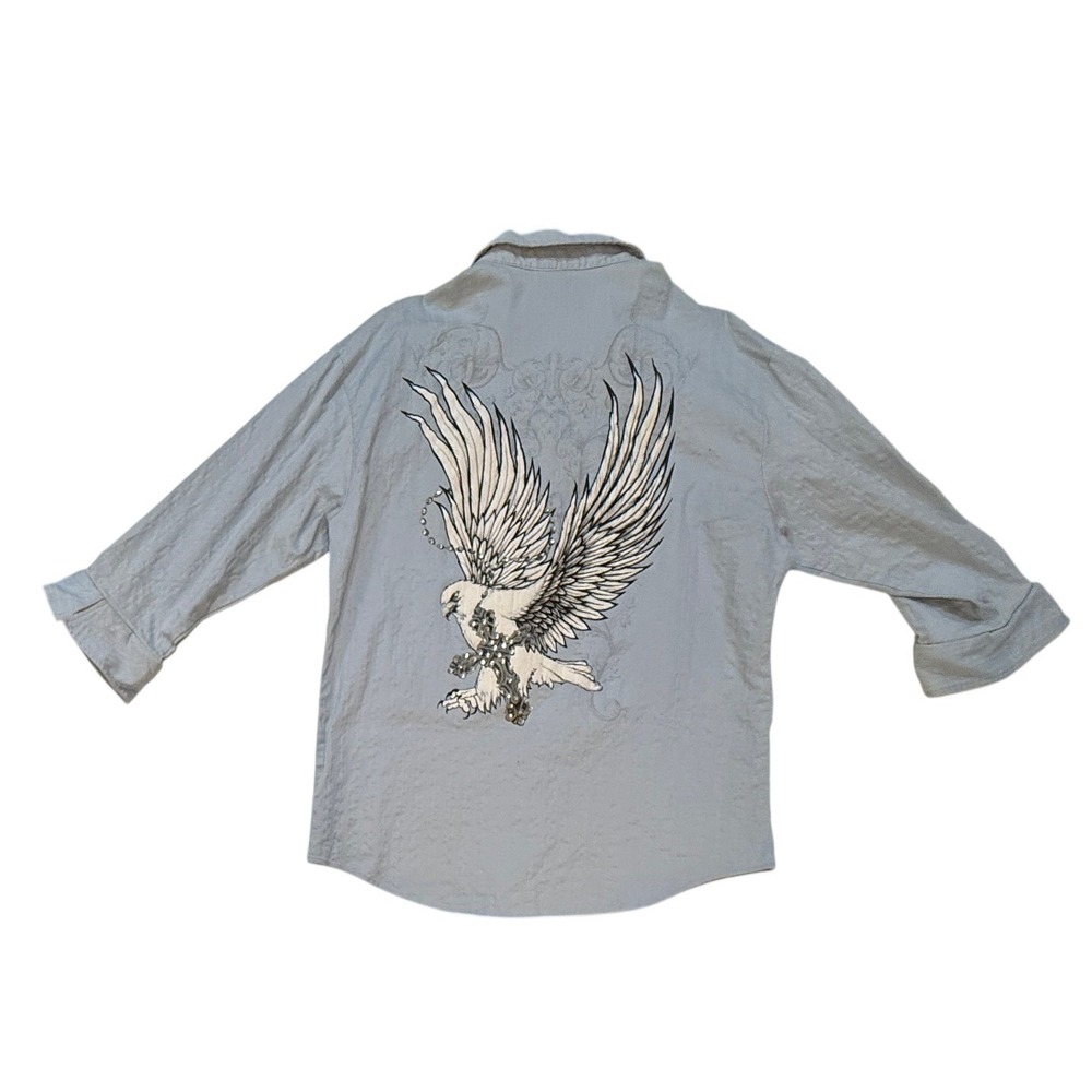 MZ USA Y2K Button Up Shirt Mens XL Blue Eagle‎ Wings Rhinestone Biker Rock